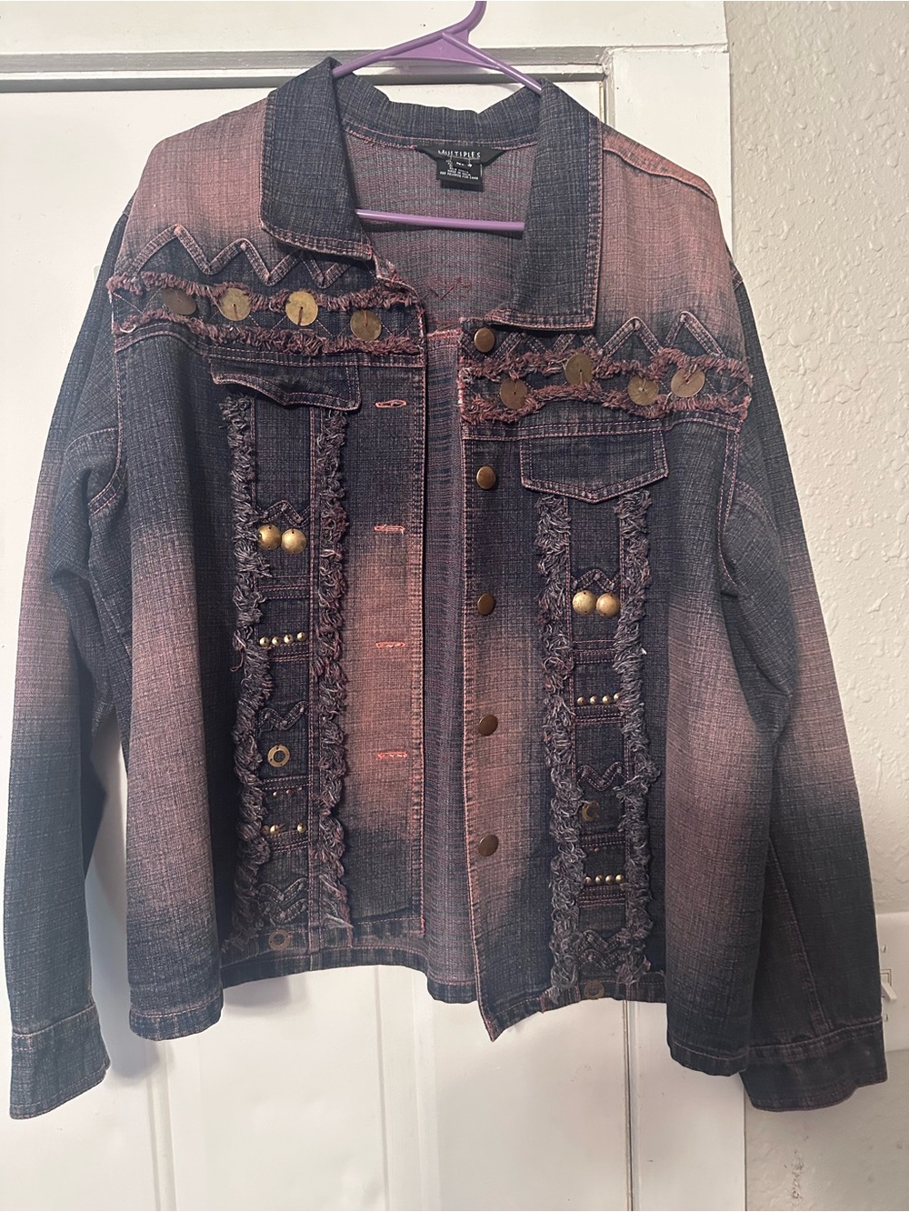 Multiples Purple Ombre Jean Jacket with Fringe & Coin Accents